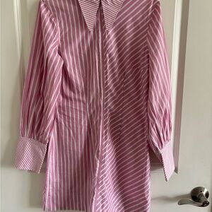Ganni Pink and White Striped Shirt Dress - Size 36